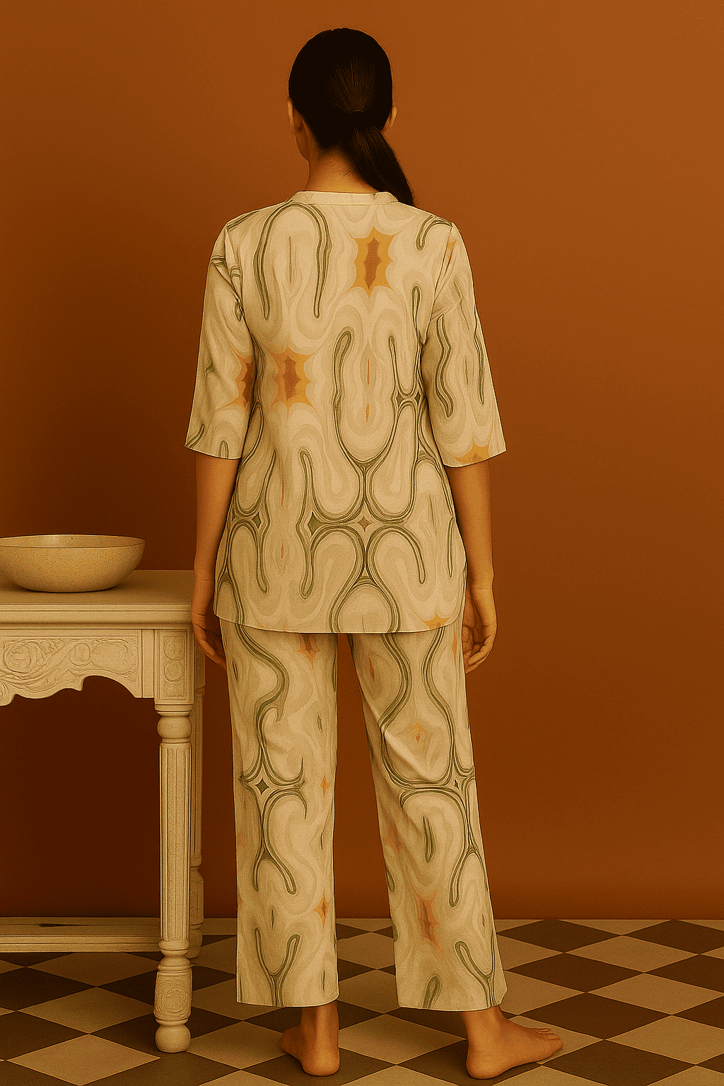 D.Gokuldas NX - Cream & Green Abstract Cord Set